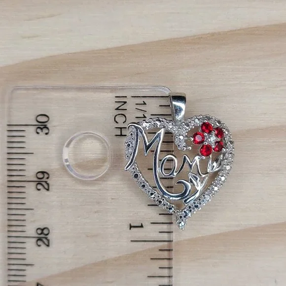 Vtg Sterling Silver Heart Pendant "Mom" Design Red Crystal Flower Accents 0.8" - Picture 5 of 6